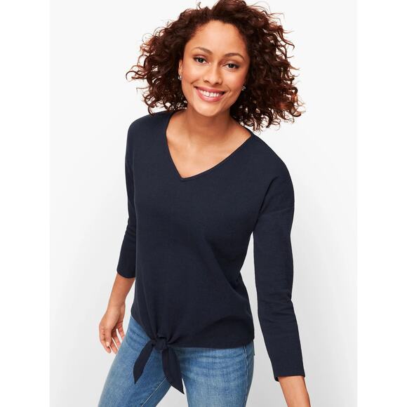 Talbots Tie Front Tee Navy Blue Size Medium 3/4 Sleeve V-Neck - Picture 1 of 7